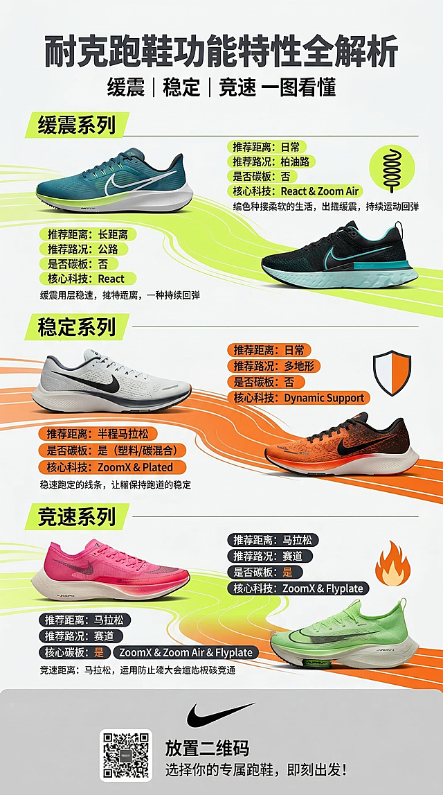 公众号长图设计，主题为耐克跑鞋功能特性全解析。整体现代运动简洁风格，符合耐克品牌调性，白色浅灰色背景，搭配荧光绿和橙色点缀。顶部大标题"耐克跑鞋功能特性全解析"，副标题"缓震 | 稳定 | 竞速 一图看懂"，使用粗体无衬线字体，黑深灰色配色。分为三个功能区：缓震系列、稳定支撑系列、竞速系列，每个区域浅色背景细线分隔，配有小标题。每个系列展示2款代表性跑鞋：缓震系列：Nike Air Zoom Pegasus 39、Nike React Infinity Run 3；稳定系列：Nike Structure 24、Nike Zoom Fly 5；竞速系列：Nike ZoomX Vaporfly Next% 2、Nike Alphafly 2。每款鞋展示清晰产品图，参考上传图片的标签式布局，在每款鞋图片旁或下方设计圆角矩形信息标签，分别标注推荐距离、推荐路况、是否碳板、核心科技，标签使用荧光绿或橙色背景，无衬线粗体文字。每款鞋下方添加简短描述句。每个功能区搭配对应功能小图标：弹簧代表缓震、盾牌代表稳定、火焰代表速度，加入流动线条和跑道元素增强动感。底部放置耐克Logo，灰色色块标注"放置二维码"，以及号召语"选择你的专属跑鞋，即刻出发！"。整体布局清晰，标签排列整齐，层次分明，适合手机端公众号浏览。