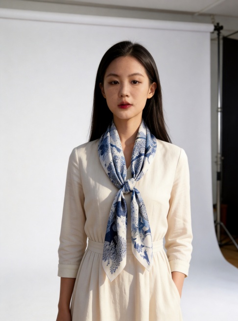大幅缩小蓝白丝巾尺寸至65cm标准规格，调整为适配160cm身高女生的正确佩戴比例，更换为纯色背景的专业商业摄影棚室内场景，呈现专业商拍布光效果，保留人物五官和米白色连衣裙，丝巾图案清晰，佩戴形态自然预览效果
