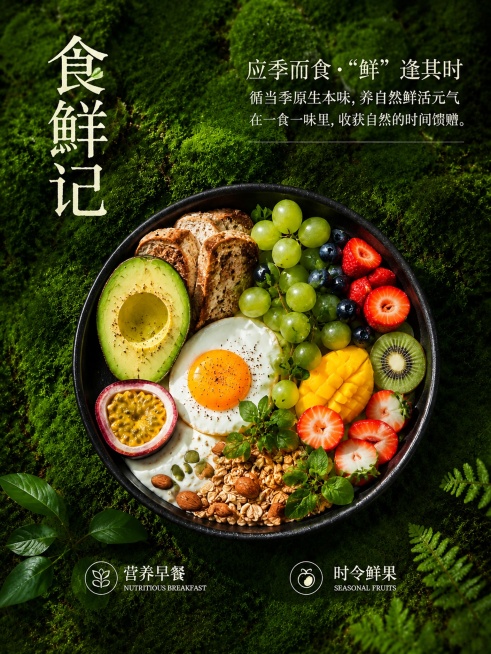 保留原图所有内容：绿色苔藓背景，黑色容器盛放营养早餐和时令鲜果，突出文字"食鲜记"，配文：应季而食・"鲜"逢其时
循当季原生本味，养自然鲜活元气
在一食一味里，收获自然的时间馈赠。左下角：营养早餐，右预览效果