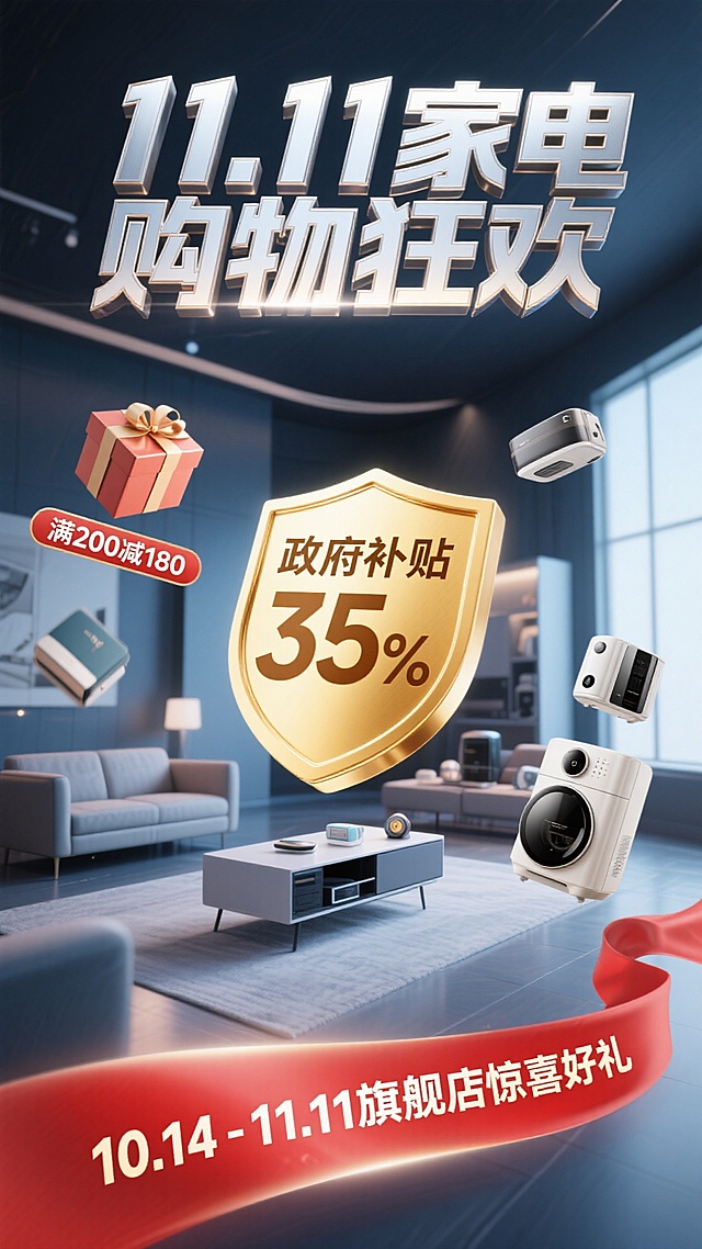 3D重拟物风格，金属质感与鎏金盾牌强化科技感，现代家居场景搭配悬浮家电，突出双十一促销氛围，节日信息清晰醒目。