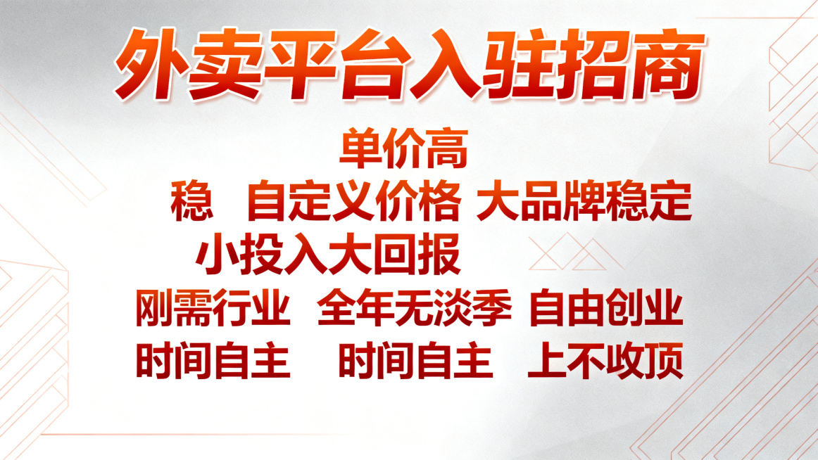 帮忙生成20张，外卖平台入驻，文案突出单价.高 稳. 自定义价格 .大品牌稳定 小投入大回报｜刚需行业｜全年无淡季 自由创业｜时间自主｜收益上不封顶 不要有联系方式以及LOGO预览效果