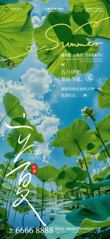 立夏24二十四节气荷叶大节气祝福线上渠道全屏竖版海报预览效果