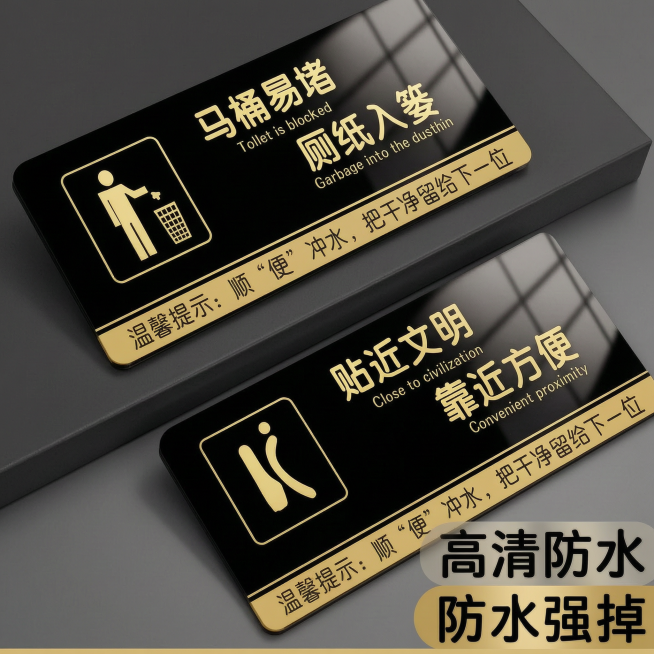 电商主图，黑金亚克力材质的厕所提示标识牌，展示马桶易堵厕纸入篓款式，高清防水强粘不掉，黑色简约背景，商品摄影，主图风格预览效果
