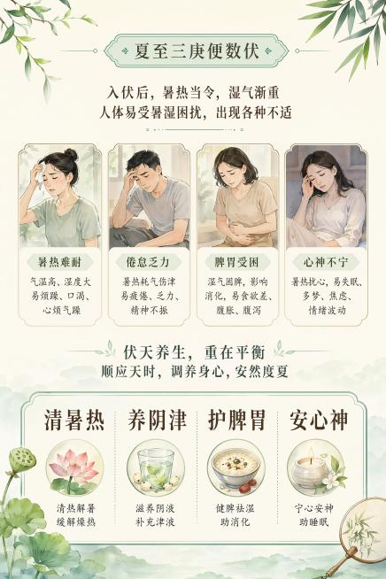 [第2屏] 入伏养生痛点引入页，分析伏天对身体的影响，引出养生核心原则。[氛围/风格] 清新自然国风，干净清爽，浅色系背景，专业舒适。[元素布局] 顶部放置小标题「夏至三庚便数伏」，中间展示伏天暑热困预览效果