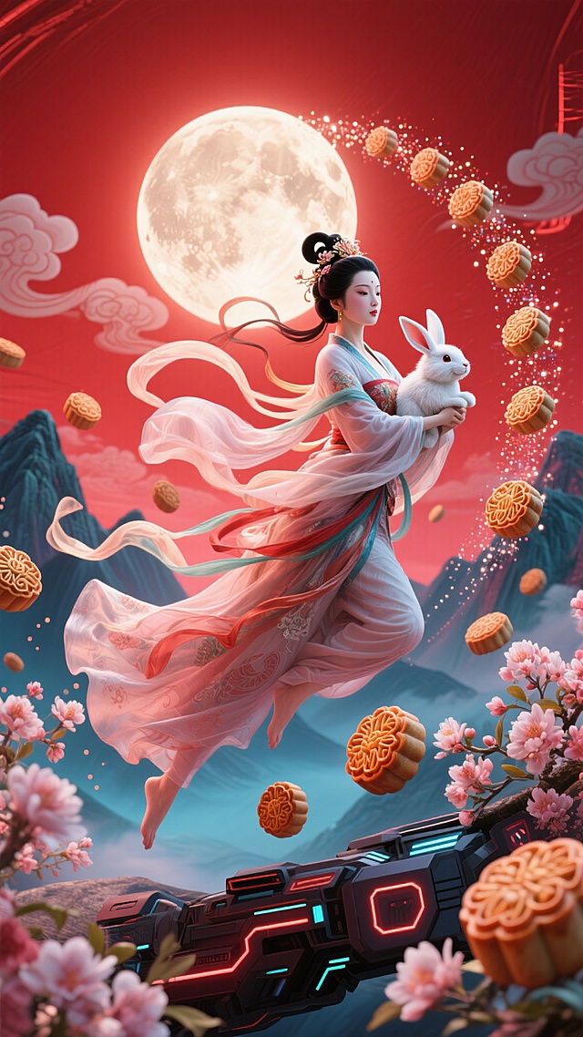 嫦娥怀抱玉兔踏乘着达号飞船奔向沿着月饼组成的天路奔向圆月