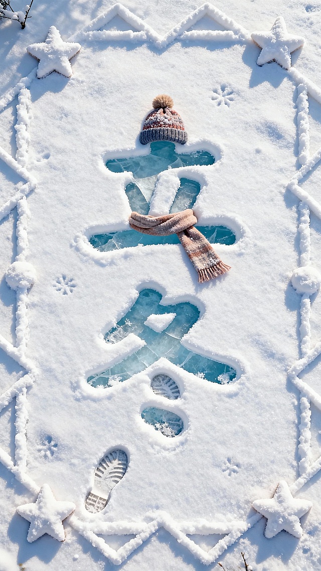 俯视视角，画面主视觉是雪地中的 “立冬”文字（字体圆润可爱），文字部分像被踩踏，露出淡蓝色冰面。雪质细腻带自然纹理，装饰帽子、围巾、足迹，搭配雪堆成的几何线条、星星元素作为边框。
