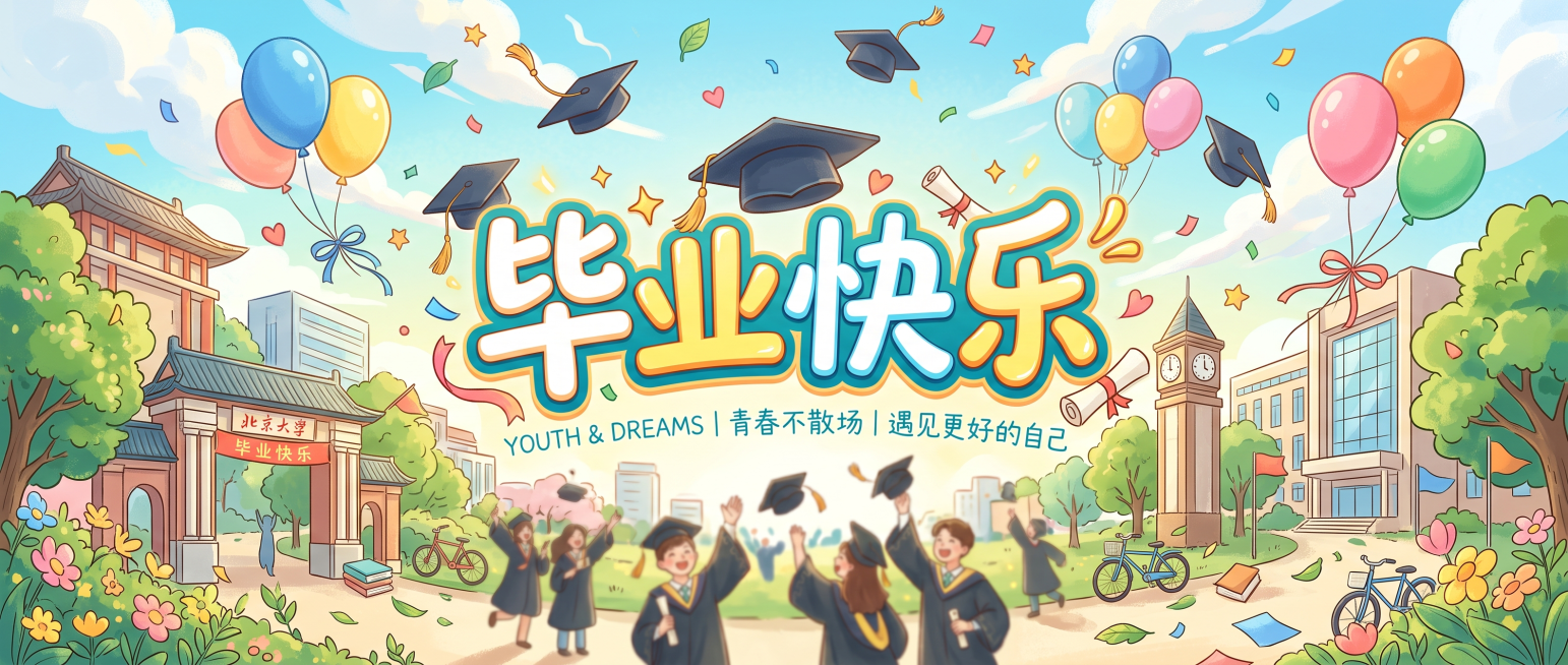 毕业快乐的公众号首图，整体风格青春清新，包含大标题"毕业快乐"，点缀学士帽、气球、校园元素，色调明亮温暖，适合作为微信公众号封面预览效果