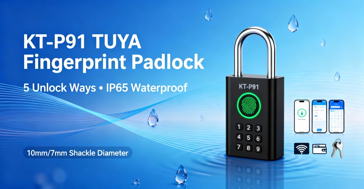 附件是KOTONLINK KT-P91 TUYA Fingerprint padlock的产品详情页，请参考附件图片，帮忙生成一张图片比例为1920:400的英文海报，要求：1. 突出挂锁支持TUYA预览效果