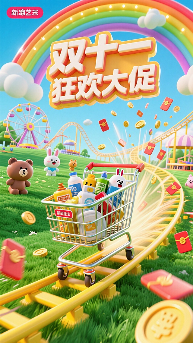 主视觉为装满日用品的购物车在黄色过山车轨道上快速滑行，背景包含绿色草地，摩天轮 娱乐设施。草地上拟人化的小熊 兔子等小动物。很多红包和金币在购物车旁呈放射性从远处向屏幕前来。上方彩虹拱门 立体主标题双十一 副标题狂欢大促
