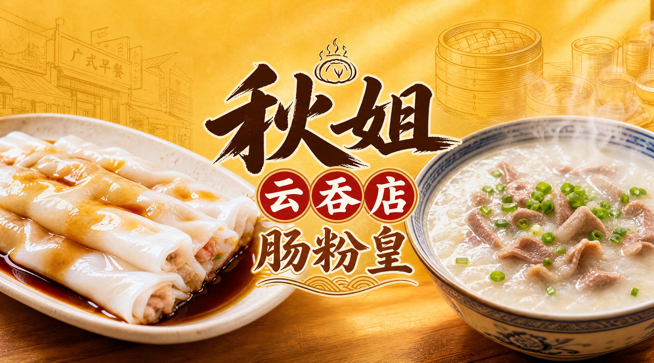 广式早餐店招设计，写真美食风格，画面左侧是一碟晶莹剔透的肠粉，… - 图片创意预览