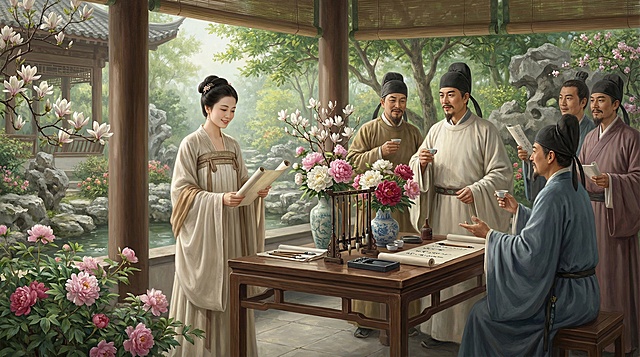 展现薛涛与元稹、白居易等名士诗酒唱和场景的图片，延续了之前的统一风格。