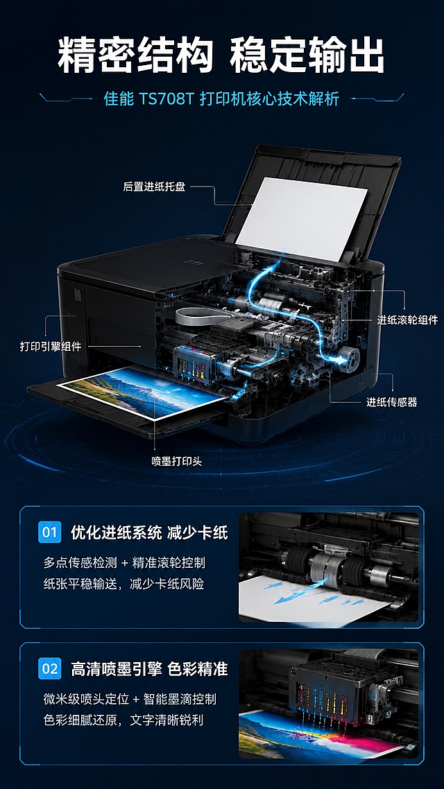 [第4屏] 佳能ts708t打印机核心技术解析，展示进纸结构与打印引擎原理。本屏使用【图1】作为外观参考。
[氛围/风格] 专业科技解析风，深蓝色科技背景，可视化原理展示，清晰易懂。
[元素布局] 上半部分放置打印机进纸结构剖面示意图，占比约60%，展示内部进纸路径和打印引擎组件；下半部分分两个文字模块说明核心技术，保留产品黑色外观结构与原图一致。标注进纸系统和喷墨打印头位置，技术路径使用浅色线条标注。
[光影质感] 中心打光突出结构，剖面区域光线均匀，文字区域亮度足够，技术线条清晰可辨。
[配色色系] 全局底色 #0f203b；主色白色文字浅蓝色线条；辅助色灰色标注结构部件。
[视角构图] 上结构示意图下文字说明，上下排版，阅读动线从上至下清晰。
[文字版式] 顶部标题「精密结构 稳定输出」，技术点1「优化进纸系统 减少卡纸」，技术点2「高清喷墨引擎 色彩精准」，每个技术点配简短说明文字，不超过20字，文字清晰，不遮挡核心结构展示。
[比例分辨率] 9:16竖版比例，4K分辨率，文字清晰可辨，高清画质。
[负向提示词] 结构变形，标注错误，文字错乱，文字过小，颜色失真，水印。