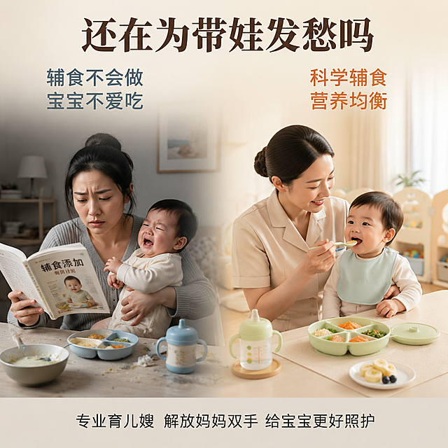 [主图-2] 痛点场景与解决方案 育儿难题对照。
[氛围风格] 真实家庭场景 共情共鸣 专业可信。
[画质] 商业摄影质感 光线自然 画面清晰有温度。
[元素] 画面采用左右分栏对比构图 左侧为年轻妈妈焦虑场景 右侧为育儿嫂专业照护场景。左侧：一位东亚面孔年轻妈妈 25-30岁 略显疲惫 一手抱哭闹宝宝 一手翻育儿书 餐桌上辅食碗散落 背景稍暗 表现新手妈妈的手忙脚乱。右侧：同一位宝宝 被穿浅米色制服的育儿嫂温柔抱着 正在开心吃辅食 桌上摆放精致的儿童辅食碗和营养搭配的餐食 环境明亮整洁。中间用柔和渐变过渡 不生硬分割。整体家居环境统一为现代简约风格。
[光影] 整体暖自然光 左侧稍暗偏冷调 右侧明亮暖调 形成对比但不突兀 人物面部光线均匀。
[配色] 主色调暖米白 左侧辅助色浅灰蓝表现焦虑 右侧辅助色浅橙暖调表现安心 强调色柔和绿。
[视角构图] 平视视角 左右对称构图 人物半身为主 上半部分留出文案空间 景深中等。
[文字版式] 顶部居中主标题"还在为带娃发愁吗" 深棕色粗体大号。左右两侧各有小标题 左侧灰蓝色字"辅食不会做 宝宝不爱吃" 右侧暖橙色字"科学辅食 营养均衡"。底部一行小字"专业育儿嫂 解放妈妈双手 给宝宝更好照护" 中号深灰色。文字占比约25% 不遮挡人物面部。
[输出要求] 1:1比例 文字清晰锐利 超高清商业摄影质感。
[负向提示词] 变形 文字错乱 人物模糊 背景杂乱 水印 电商平台Logo 多余手指 手部畸形 面部扭曲。
