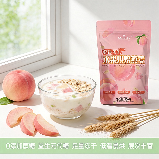 [主图-5] 粉桃乐乐烘焙燕麦总结页，拼多多轻食沙拉摆盘风。氛围风格：清新夏日，蜜桃治愈；画质：商业摄影质感、光线柔和通透、产品清晰真实、画面干净高级。元素：包装放在右侧，左侧摆好完整的蜜桃燕麦酸奶碗，周围散落新鲜桃片和燕麦穗，包装主体完整清晰，保持外观文字与输入图一致，无变形色差。商品占比65%，满屏无边框。光影：窗边自然光，整体明亮通透，酸奶碗质感真实诱人，蜜桃粉嫩感突出。配色：包装柔粉搭配酸奶白，桃粉色绿色点缀，清新夏日。文字版式：底部半透绿色悬浮条横向排列核心卖点：0添加蔗糖 益生元代糖 足量冻干 低温慢烘 层次丰富，白色文字清晰不遮挡，直白符合拼多多要求。比例分辨率：1:1 4k，文字清晰超高清。负向提示词：变形，水印，文字错乱，产品图模糊，背景杂乱。