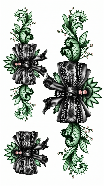 重新生成：将蕾丝蝴蝶结整体渲染饱和度更高的精致鲜艳彩色，蕾丝网纹做透明黑灰色透出底色，缎带蝴蝶结做亮黑色带丝绸高光，叶片做清新翠绿色，花苞中心做柔粉色，去掉所有边角文字和红色水印，保持三个图案原有布局预览效果