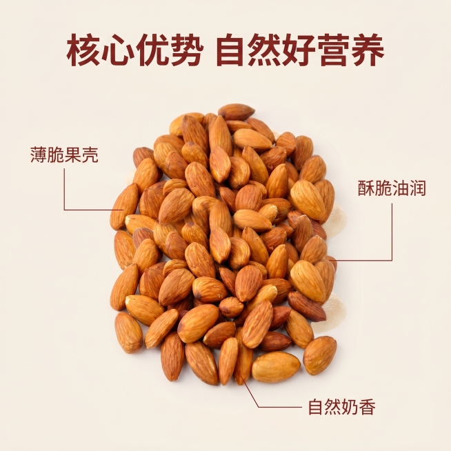 [主图 2] 扁桃仁核心卖点展示，突出天然营养优势。
[氛围风格] 多彩年轻时尚健康零食风，整体风格和主图1保持一致
[画质] 商业摄影质感、光线柔和通透、产品清晰真实、画面干净高级
[元素] 大特写预览效果