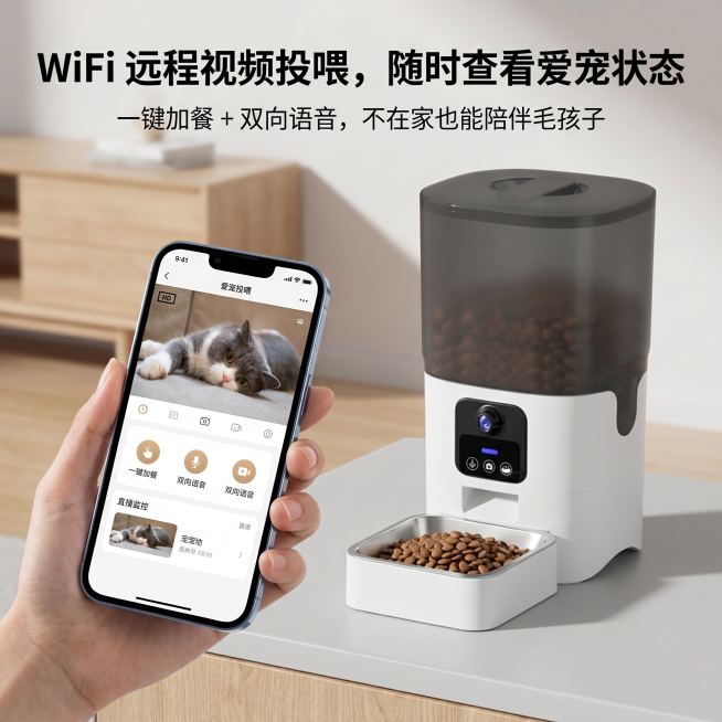 [主图 2] 宠物智能喂食器APP远程视频核心卖点展示图，展示手机APP远程投喂和实时监控示意，写实电商场景风格
[氛围风格] 简约干净科技感，明亮通透，干净高级
[画质] 商业摄影质感，光线柔和通透预览效果