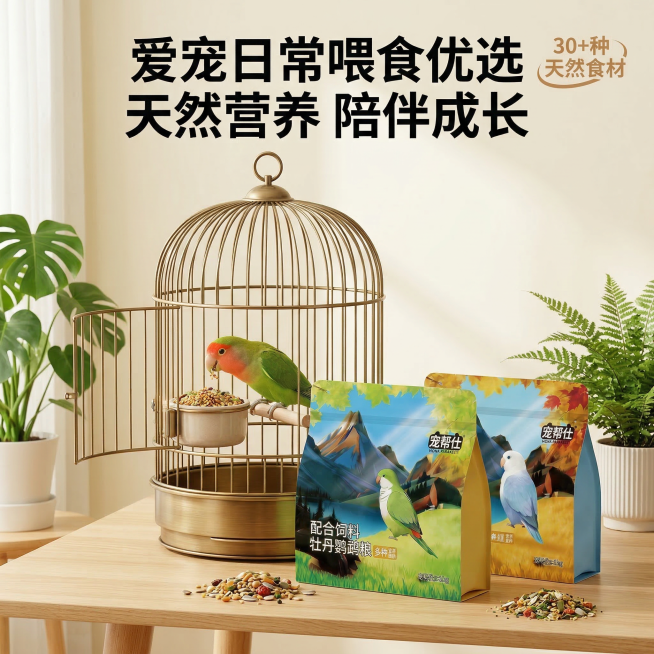 1:1 竖版电商主图，严格还原宠帮仕鹦鹉专用配合粮产品包装细节，包装设计、颜色、LOGO、文字、图案元素、哑光质感均与参考图https://gdesign-dam-hz.dancf.com/35842预览效果