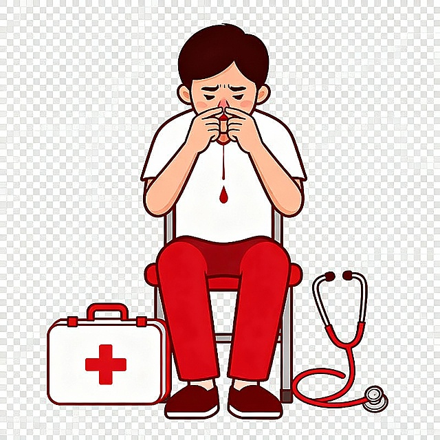 一到冬天，天干物燥，社区里流鼻血的街坊就变多了--要么鼻涕里带点血丝，要么鼻子突然滴两滴，偶尔还会哗哗流。遇到这种情况，大家的“急救操作”五花八门：仰头、塞卫生纸、冰敷额头、冷水拍后脑勺……
但医生要严肃提醒：这些做法全错了！不仅止不住血，还可能帮倒忙：
1.仰头会让血液倒流进咽喉、气管甚至胃里，容易呛咳、恶心呕吐，严重还可能误吸；
2.塞粗糙的卫生纸会摩擦损伤鼻腔黏膜，往外拽的时候还会带掉刚结的血痂，越流越多（如果实在要临时填塞，比如出血量大赶去医院的路上，只能用干净、柔软、湿润的棉球或纱布，轻轻塞在前鼻孔，千万别往深处塞，到医院赶紧取出来）；
3.冰块直接贴皮肤会冻伤，凉水拍后颈不仅止血效果差，还容易着凉，不如敷前额鼻根管用。
一、正确止血：记住“一坐二压三冰”，简单又有效
1.坐直低头！（最关键）
立刻坐下或站立，身体微微前倾，头自然低下 —— 这样能让流出的血直接从鼻孔流出来，避免倒流进喉咙。
2.用力按压！（止血核心）
先把手洗干净，用拇指和食指，紧紧捏住鼻翼两侧（就是鼻子的软骨部分，大概在鼻孔上方1-1.5厘米处），朝着中间的鼻中隔方向持续用力按。
力度要够：能感觉到明显的压迫感，才能压住出血点；
时间要够：必须连续按10-15分钟！期间千万别松手检查有没有止血，哪怕摸到血块也得坚持，频繁松手会破坏刚形成的血凝块，越止越难。小朋友可以让家长帮忙操作。
3.辅助冰敷！（收缩血管）
捏鼻子的同时，用冰袋，或者用毛巾裹着冰块、冷饮瓶，敷在前额、鼻根部，或者颈部两侧（大血管经过的地方），能帮助血管收缩，加快止血。
二、止血后注意：这几件事千万别做
止血后的几小时内，别抠鼻子、别用力擤鼻涕，也别喝热水、吃热饭，避免剧烈运动——这些行为都可能让刚愈合的血管再次破裂出血。
如果止血时血液流进了喉咙，尽量轻轻咳出来或吐出来，这样能看清出血量多少。
三、出现这些情况，赶紧去医院！
大部分鼻出血自己能止住，但遇到以下情况，别硬扛，尽快去耳鼻喉科就诊：
1.按正确方法压了20-30分钟，血还是止不住；
2.出血量特别大，还出现头晕、眼花、脸色苍白、心慌、没力气等情况；
3.外伤导致的流鼻血，尤其是鼻子变形、视力模糊的时候；
4.反复流鼻血，而且没找到明确原因；
5.除了流鼻血，还伴有牙龈出血、皮肤青一块紫一块；
6.正在吃抗凝药，或者本身有出血性疾病。
四、日常预防：比止血更重要，做好这几点少流血
1.保持鼻腔湿润：干燥季节或开空调的房间里，用加湿器；睡前可以用生理盐水喷鼻剂，或者往鼻前庭涂一点凡士林、红霉素软膏，滋润鼻腔黏膜；
2.改掉坏习惯：别用力抠鼻子、擤鼻涕！小朋友爱抠鼻子的，要及时纠正，勤剪指甲；鼻腔里有干痂的话，先用水或盐水湿润，再轻轻擤出来，擤鼻涕要单侧轮流来，别太用力；
3.饮食要合理：多喝温水，多吃富含维生素 C 的水果蔬菜，能增强血管弹性；
4.控制基础病：高血压患者要规律吃药，把血压控制好；
5.远离过敏原：过敏体质的街坊，要避开过敏原，积极治疗过敏，减少鼻腔刺激。

冬天流鼻血大多是干燥刺激引起的，只要掌握正确的止血方法，做好日常预防，就能少遭罪。如果遇到自己处理不了的情况，别犹豫，及时找耳鼻喉科医生帮忙～祝大家和家人鼻腔健康，呼吸顺畅！
请分别为每一段生成配图，简洁插画风，不要拼图、不要配字，直接生成多张图片，背景色是透明或者蓝色