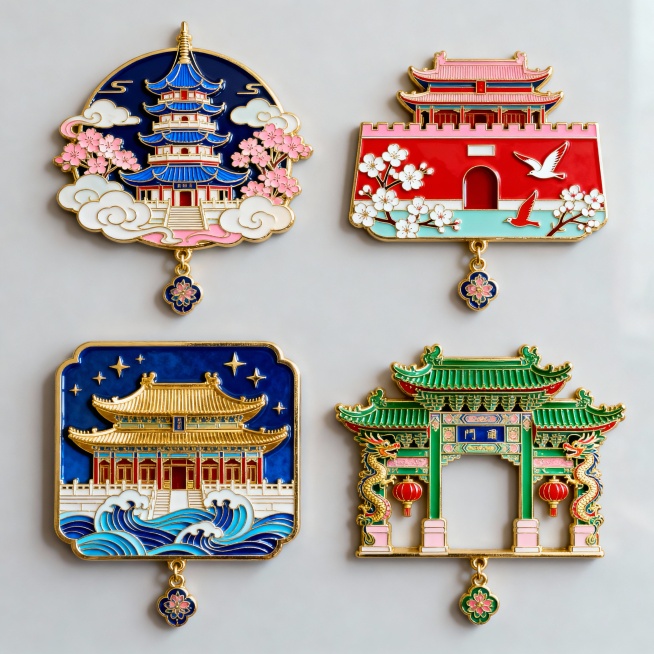 中国风金属珐琅冰箱贴系列，采用传统景泰蓝工艺，金色勾边，深蓝、大红、翠绿、粉色为主色调，每个冰箱贴均有精致花纹装饰和吊坠设计。四个完全不同造型的冰箱贴规整排布在纯色背景上，分别为：1. 蓝色琉璃瓦无锡预览效果