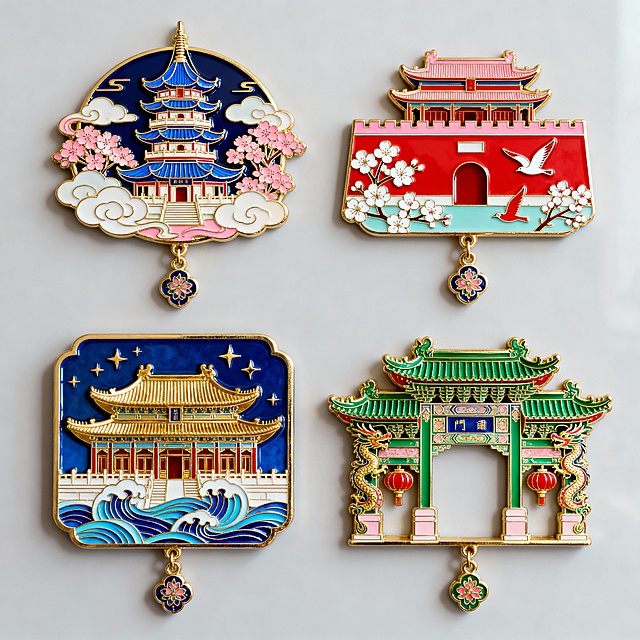 中国风金属珐琅冰箱贴系列，采用传统景泰蓝工艺，金色勾边，深蓝、大红、翠绿、粉色为主色调，每个冰箱贴均有精致花纹装饰和吊坠设计。四个完全不同造型的冰箱贴规整排布在纯色背景上，分别为：1. 蓝色琉璃瓦无锡赏樱阁，周围环绕祥云和盛开的粉色樱花；2. 红色城墙角楼，搭配白色梅花和红嘴鸥图案；3. 金色飞檐宫殿，背景为蓝色海浪和星星；4. 绿色琉璃瓦牌坊，两侧有龙纹装饰和红色灯笼。每个冰箱贴都具有立体浮雕质感，细节丰富，色彩鲜艳，整体风格统一且富有中国传统文化韵味。
