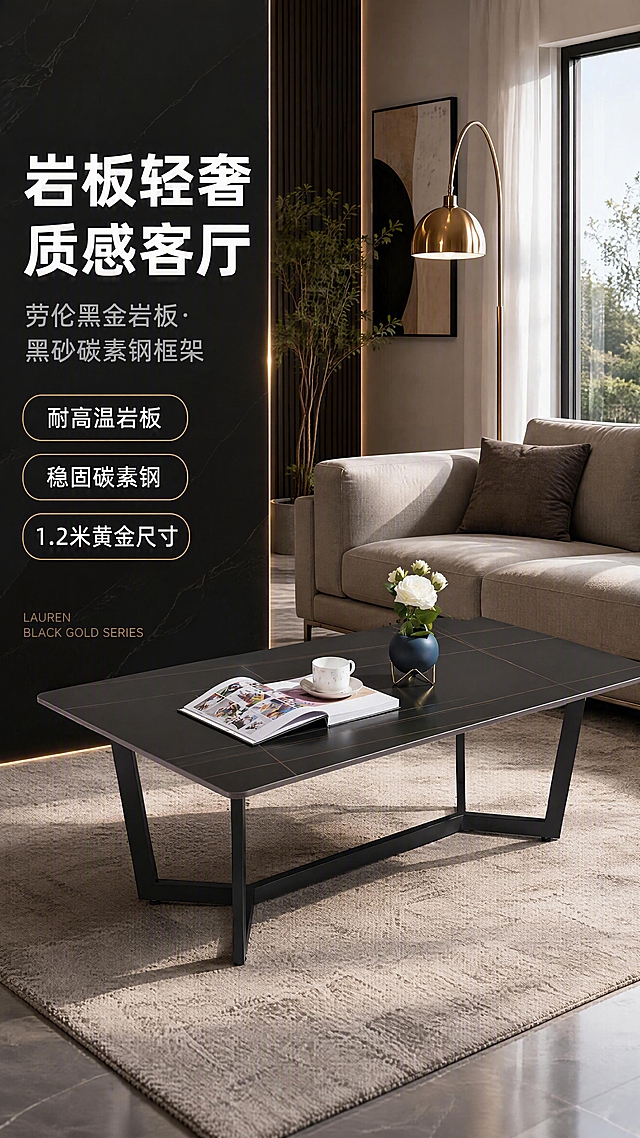 [第1张] 详情页头图-劳伦黑金岩板茶几客厅整屋主视觉海报。本张使用【图1】作为商品主体，保持茶几的黑砂碳素钢V型框架、劳伦黑金岩板台面、双层结构与1200×700×435mm比例完全一致。
[氛围/风格] 现代轻奢高级感，深灰黑金配色，商业摄影质感，客厅实景氛围，高端大气。
[元素布局] 左文右景版式，右侧约2/3为现代轻奢客厅大场景：浅灰色布艺沙发、金属落地灯、同色系地毯、绿植装饰、艺术挂画，茶几置于客厅中央偏右，占比约40%-45%，台面上摆放杂志、咖啡杯和小花瓶，与产品图一致；左侧约1/3为深色竖版文案区。茶几物理结构、材质质感、劳伦黑金颜色与输入产品图完全一致，禁止变形。
[光影质感] 右侧自然光从落地窗斜射入室，柔和暖调光线，茶几底部自然投影，岩板台面有细腻高光反射，碳素钢框架呈现哑光黑砂质感，整体光影通透有层次。
[配色色系] 全局底色 #1A1A1A 深黑灰；主色 劳伦黑金岩板+黑砂碳素钢；辅助色 暖金点缀、浅灰沙发、米白地毯；点缀色 墨绿绿植。
[视角构图] 正面微俯视45°角，茶几为视觉中心，阅读动线左侧标题 → 右侧茶几主体 → 场景延伸。
[文字版式] 左侧竖版文案区，主标题「岩板轻奢 质感客厅」8字，加粗白色大字号；副标题「劳伦黑金岩板·黑砂碳素钢框架」14字，浅灰色中字号；下方三条亮点胶囊框：「耐高温岩板」「稳固碳素钢」「1.2米黄金尺寸」，金色边框白色文字；底部英文角标「LAUREN BLACK GOLD SERIES」小号金色字体。文字不遮挡茶几主体。
[比例分辨率] 9:16 竖版比例，4K分辨率，文字清晰可辨，高清画质。
[负向提示词] 茶几变形，缺件错件，结构错误，颜色偏差，水印，文字错乱，文字过小，产品图模糊，背景杂乱，人物变形。