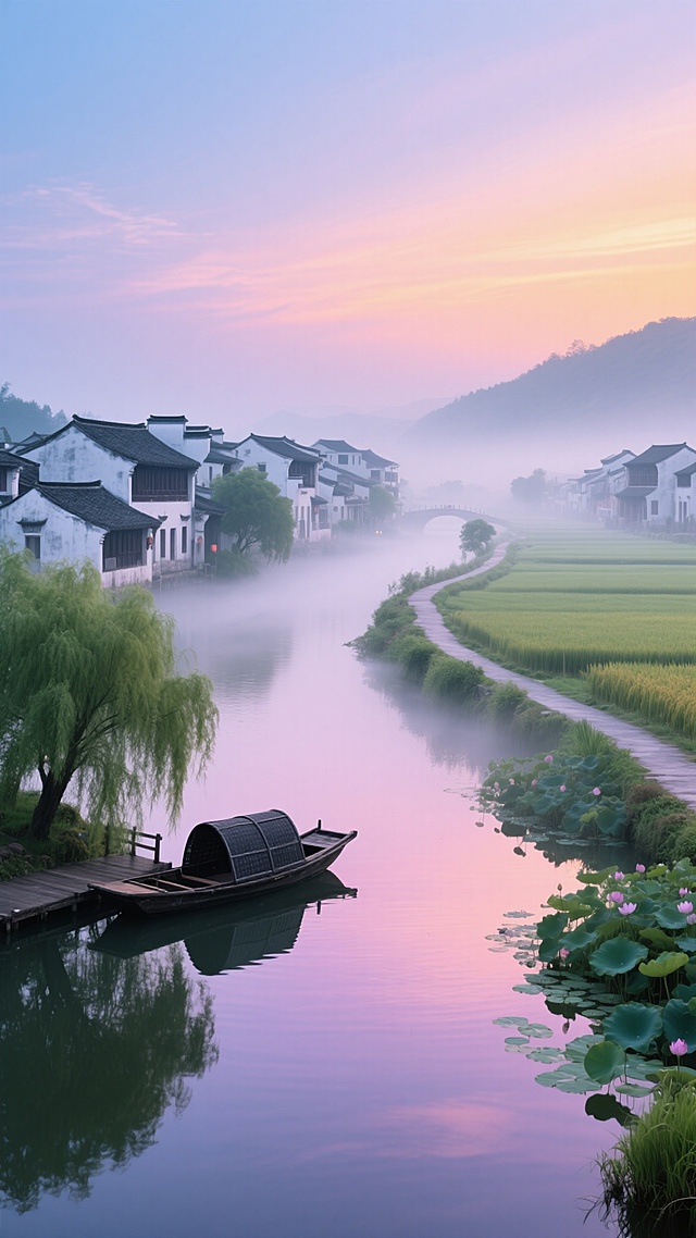 超写实风景摄影，清晨薄雾笼罩的江南水乡，远处青瓦白墙的徽派建筑群错落有致地分布在蜿蜒的河流两岸，近处乌篷船静静泊在码头，岸边杨柳依依，水面倒映着粉紫色渐变的朝霞和淡蓝色的天空，晨雾在河道间弥漫营造出朦胧诗意的氛围，道路蜿蜒穿过稻田与荷塘，整体色调以青绿色、淡紫色和暖橙色为主，光影柔和，细节丰富，具有极高的色彩和谐度与空间纵深感。