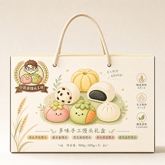 手提瓦楞盒外包装设计正面视图，小清新矢量插画风格，馒头面点综合礼盒包装。主色调为米白色、淡鹅黄色、浅草绿色。左上角放置完整的小凯哥馒头工坊LOGO：戴眼镜的卡通男孩头像，下方有两个可爱的卡通馒头（粉色柿子造型和绿色蔬菜造型），两侧金色麦穗环绕，底部棕色飘带写着"小凯哥馒头工坊"，LOGO完整呈现。画面中央是扁平化矢量插画风格的多款馒头组合，包括开花馒头、蜜豆卷、黑芝麻馅馒头等，简洁色块和线条表现，造型可爱圆润，体现多款组合概念。右侧有三个矢量图标代表甄选食材、手工制作、健康美味。底部有产品名称"多味手工馒头礼盒"和净含量信息，细线条和小叶子装饰。整体风格简约干净温馨治愈，矢量插画扁平化风格，瓦楞纸质感，棉麻手提绳。浅米色背景，留白充足，包装设计效果图，高清细节