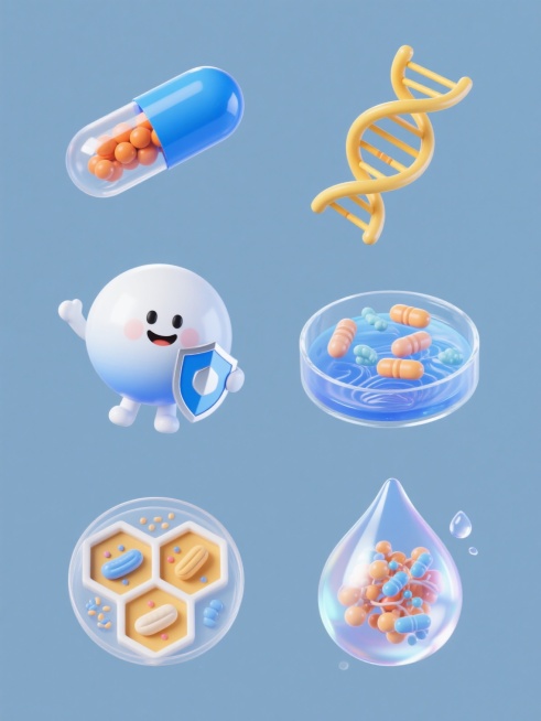 六个完全不同的益生菌主题元素规整排布在纯色背景上，每个元素均采用与原图一致的3D卡通风格，保持明亮通透的蓝白渐变色调、圆润光滑的边缘处理、半透明液体质感及悬浮水滴效果。元素包括：1. 蓝色胶囊外壳包裹橙色菌群内核的益生菌胶囊，表面有流线型光泽；2. 螺旋状DNA链环绕黄色活性菌群的分子结构模型；3. 微笑表情的拟人化益生菌球体，手持微型盾牌；4. 培养皿造型容器中漂浮的菌群群落，底部有波纹状液……预览效果