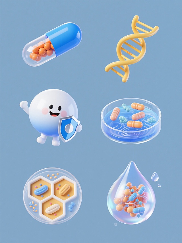 六个完全不同的益生菌主题元素规整排布在纯色背景上，每个元素均采用与原图一致的3D卡通风格，保持明亮通透的蓝白渐变色调、圆润光滑的边缘处理、半透明液体质感及悬浮水滴效果。元素包括：1. 蓝色胶囊外壳包裹橙色菌群内核的益生菌胶囊，表面有流线型光泽；2. 螺旋状DNA链环绕黄色活性菌群的分子结构模型；3. 微笑表情的拟人化益生菌球体，手持微型盾牌；4. 培养皿造型容器中漂浮的菌群群落，底部有波纹状液体；5. 六边形蜂窝结构内的菌群排列图案，每个蜂窝单元含不同形态益生菌；6. 水滴形载体包裹的菌群复合体，表面有折射光效。所有元素保持统一的光影处理和材质表现，整体呈现科学健康的视觉氛围。