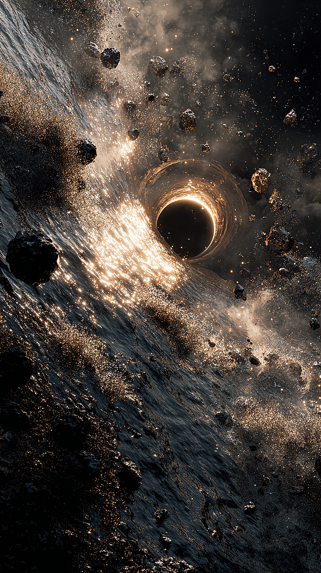 Realistic celestial river and cosmic black hole fusion, dreamcore aesthetic, extreme visual tension, realistic surging celestial river with clear water flow and wave texture, the river surface reflects starlight and celestial light, a cosmic black hole with realistic golden accretion disk and gravitational lens effect, floating celestial islands with realistic soil and plant details, scattered asteroids with rocky texture in space, dreamy soft blur on the heaven-universe junction, realistic floating water mist and stardust, cinematic side light, ultra-realistic material texture, 8K --ar 9:16 --v 7 --s 310 --style raw