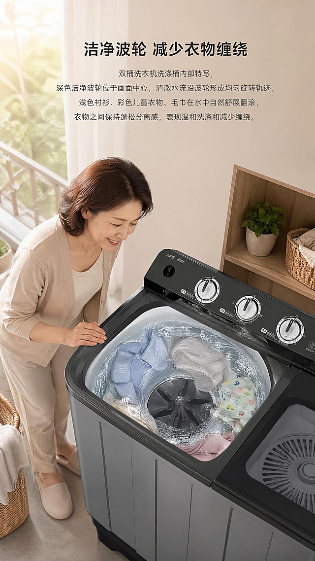 深灰黑色双桶半自动洗衣机，双上翻盖、三枚银色简易旋钮、哑光机身、真实家电细节；暖米色微水泥墙面，浅灰地面，原木与藤编收纳元素，明亮柔和的晨间自然侧光从左上方照射，电商详情页商业摄影，高级干净，真实材质，画面信息清楚，产品不变形。洁净波轮，减少衣物缠绕：双桶洗衣机洗涤桶内部特写，深色洁净波轮位于画面中心，清澈水流沿波轮形成均匀旋转轨迹，浅色衬衫、彩色儿童衣物、毛巾在水中自然舒展翻滚，衣物之间保持蓬松分离感，表现温和洗涤和减少缠绕。参考图中同一位温柔干练的中年中国女性，短卷棕发，浅杏色针织开衫与米色长裤，真实自然微笑，在画面侧后方俯身观察洗涤状态，面带放心微笑；镜头采用俯拍结合近景特写，洗衣机面板与旋钮保留部分细节。背景为虚化暖米色阳台和柔光窗帘，上方留白用于功能标题，真实产品摄影、洁净通透水感、细节清晰，9:16竖版，4K。禁止产品结构错误、禁止出现滚筒洗衣机或全自动洗衣机、禁止额外洗衣机、禁止桶盖数量异常、禁止旋钮错位、禁止文字乱码、禁止水印与品牌Logo错误、禁止人物换脸、禁止人物手指畸形、禁止人物遮挡核心功能、禁止过度科幻光效、禁止卡通插画风、禁止塑料感、禁止低清模糊、禁止杂乱背景、禁止强烈硬光和过度饱和色彩