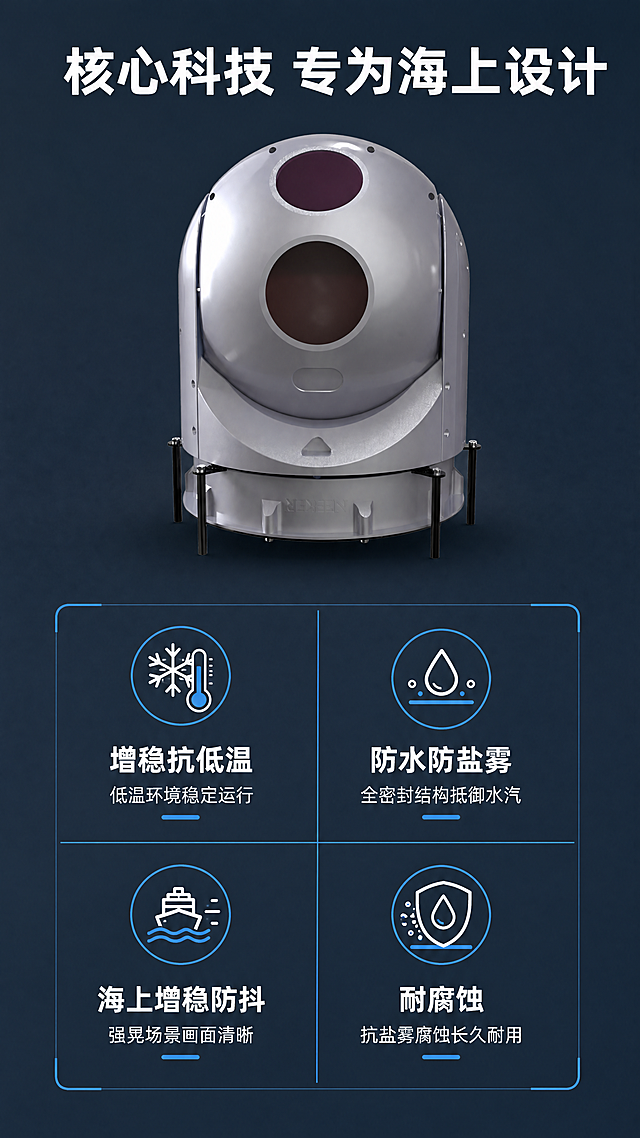 [第3屏] 详情页核心卖点总览屏-船舶专用增稳云台四大核心优势。
[氛围/风格] 科技工业风，简约清晰排版，专业干净质感。
[元素布局] 本屏使用【图1】作为产品主体，产品放置在页面上方中心位置，占据上方40%区域，下方排列四大核心卖点四格宫格。保持产品物理结构、材质质感、颜色与输入产品图一致。每个卖点格配有图标、标题、简短说明，整体留白充足，排版工整。
[光影质感] 整体均匀布光，产品上方柔光突出质感，下方宫格区域光线一致，清晰展示每个卖点文字。
[配色色系] 全局底色：#2C3E50（深蓝灰）；主体配色：#BDC3C7（银灰）；辅助色：#3498DB（浅蓝）；每个卖点格使用浅蓝细分隔线，文字为白色。
[视角构图] 上方产品居中展示，下方四宫格平均分栏，主次分明，阅读顺序清晰。
[文字版式] 顶部主标题："核心科技 专为海上设计"，白色加粗居中；下方四个卖点宫格：1. 增稳抗低温，说明：低温环境稳定运行；2. 防水防盐雾，说明：全密封结构抵御水汽；3. 海上增稳防抖，说明：强晃场景画面清晰；4. 耐腐蚀，说明：抗盐雾腐蚀长久耐用。每个卖点图标+文字排列整齐，不拥挤。
[比例分辨率] 9:16竖版比例，4K分辨率，文字清晰可辨，超高清。
[负向提示词] 产品变形，结构错误，颜色偏差，缺件错件，水印，文字错乱，产品图模糊，背景杂乱