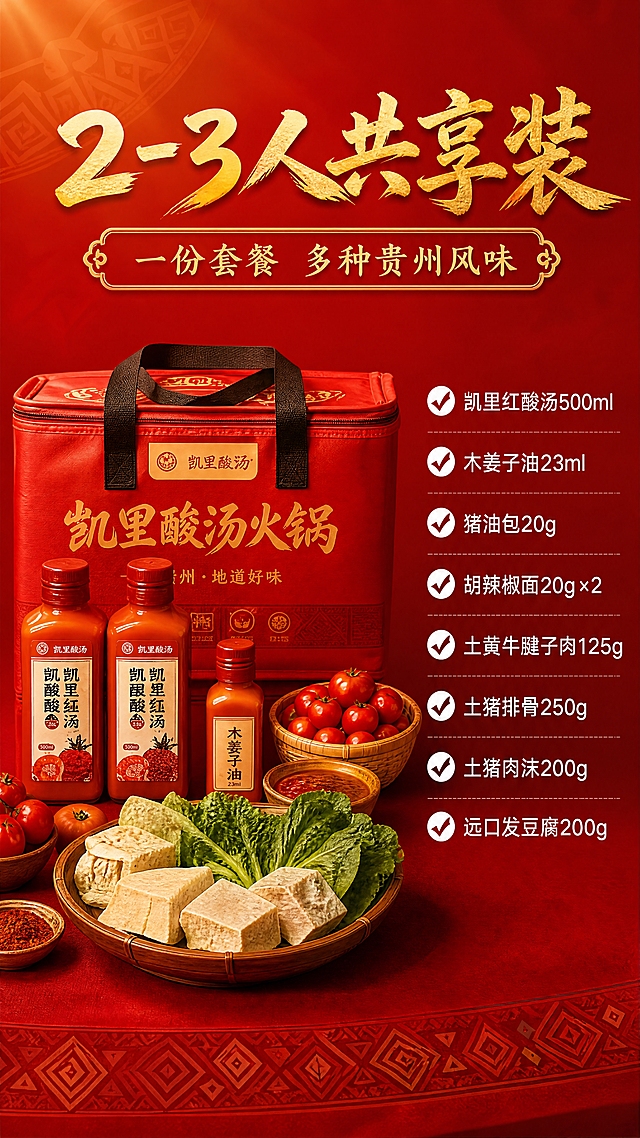 [第6张·套餐规格]
[商品] 使用【图1】凯里酸汤火锅套餐；保留红色保温礼袋、酸汤瓶、食材的外观；增强整体鲜亮感。
[画面] 页面目标：2-3人共享装套餐清单，参考上传图4的布局。左侧是套餐产品展示：红色保温手提礼袋+两瓶红酸汤+木姜子油小瓶+一碗豆腐+竹篮番茄+青菜，摆放在红色台面上，丰盛有质感。右侧是套餐清单，白色对勾✅+白色文字，列出8样食材。背景是明亮的正红色渐变，有淡淡的苗族暗纹，整体色彩鲜亮。
[视觉] 套系策略：风格=食欲感国潮民族风美食摄影；标题字=金色书法毛笔字，苍劲有力有光泽；正文字=白色细黑体；主色=鲜亮正红+金色；背景延展=明亮正红渐变+淡苗族暗纹+暖光晕染；强调色=亮金色；标题色=金色渐变带光泽；正文色=白色；组件=金色装饰边框+圆形图标+圆角卡片；光影=暖金色正面光，明亮通透，酸汤有高光油亮感。
[文字] 顶部金色书法大标题「2-3人共享装」，下方金色装饰边框内写副标题「一份套餐 多种贵州风味」。右侧清单8项：
✅凯里红酸汤500ml
✅木姜子油23ml
✅猪油包20g
✅胡辣椒面20g×2
✅土黄牛腱子肉125g
✅土猪排骨250g
✅土猪肉沫200g
✅远口发豆腐200g
文字全部横排，清晰整齐。
[规格] 9:16竖版，4K，避免变形、错字、模糊、暗黑、水印、平台Logo、二维码、绝对化用语。