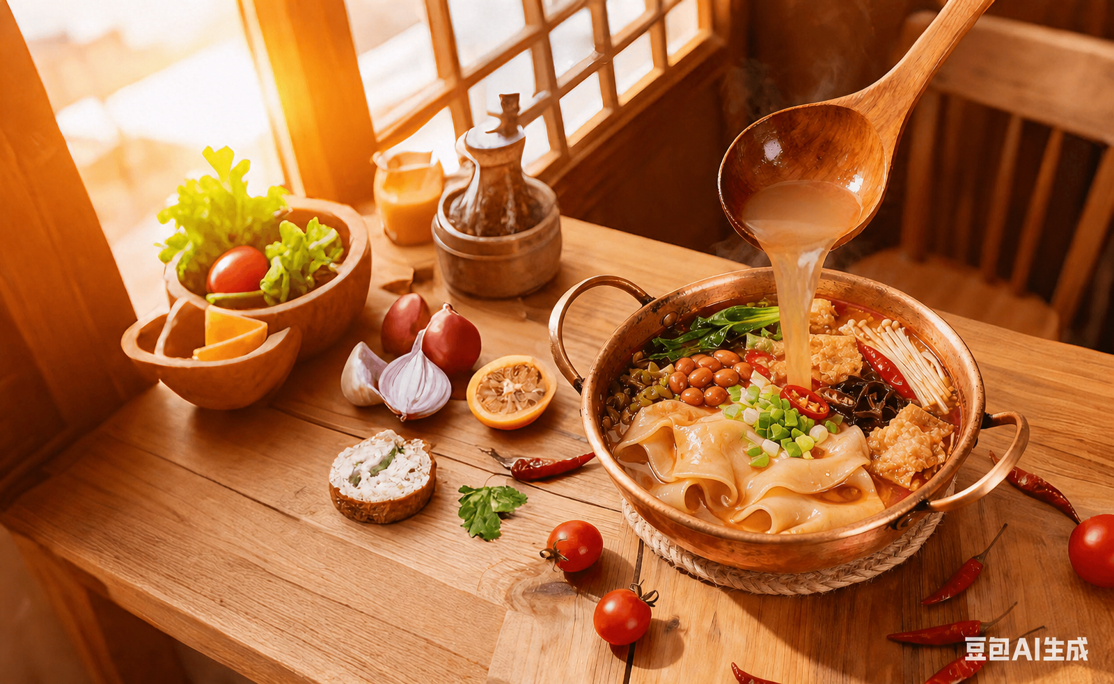 将铜锅中的米线替换成宽厚的扯面（油泼面样式的宽面条），保持其余… - 图片创意预览