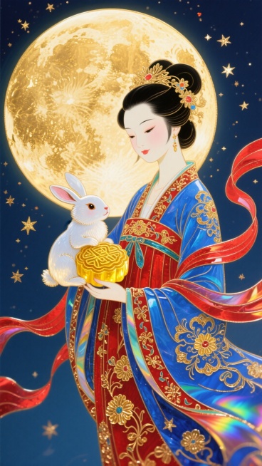 身着传统汉服的女子，身旁有玉兔抱月饼，背景是金色满月、星星，红色飘带装饰，整体色调以蓝、金、红为主预览效果