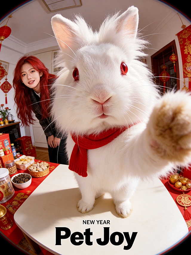 画面底部正中央排版着黑色的粗体小写英文单词“Pet Joy”，字体风格复古且具有设计感，其上方紧随极其微小的无衬线英文“NEW YEAR”。画面采用极具冲击力的超广角鱼眼镜头“自拍”视角。前景占据视觉主导的是一只巨大的兔头特写（兔子为图1的兔子），它站在桌子上，一只毛茸茸的前爪夸张地伸向镜头边缘，呈现出强烈的透视变形感。兔子双眼圆睁，瞳孔呈清澈状，直视镜头，面部毛发丝丝分明，胡须挺翘，带红色小围巾，展现出极度逼真的宠物摄影质感，像以兔子自拍角度进行拍摄。背景中清晰可见一位亚洲女性（图2的人），弯腰自然微笑，与前景淡定的真猫形成极具幽默感的互动反差。背景环境是过年热闹的家里，桌上摆满了年货。整体光影为自然日光，色彩鲜艳，兼具时尚杂志大片与趣味网络迷因（Meme）的视觉风格，8K超高清画质，极致的清晰。