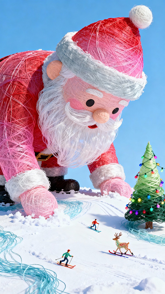 一只巨大的圣诞老人低头刨着一个微缩滑雪场，滑雪场上有松树，圣诞树，地面上有小人在雪地上滑雪，还有一头驯鹿在奔跑，蓝天背景，俯视构图，动感，画面具有故事感，孟菲斯配色
