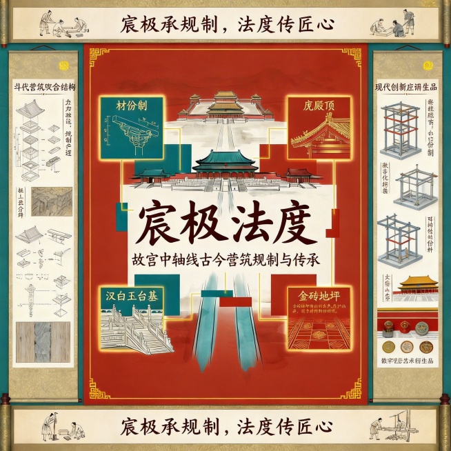 中式卷轴左右板块细节图与结构图，左侧为淡雅线稿风格，呈现皇家营筑斗拱咬合结构图，标注受力节点与抗震原理，搭配细节图放大构件肌理；右侧为明亮风格，呈现现代装配式建筑模块化设计结构图，标注借鉴古代材份制的预览效果