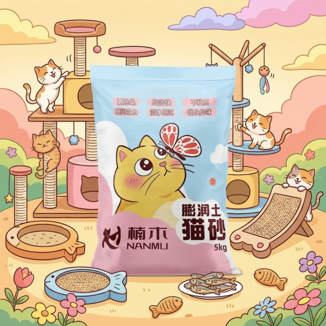 基于现有猫砂袋图片，制作可爱风格主图，将背景设置为卡通风格的猫咪乐园，有猫爬架、猫抓板和小鱼干元素，营造活泼可爱氛围预览效果