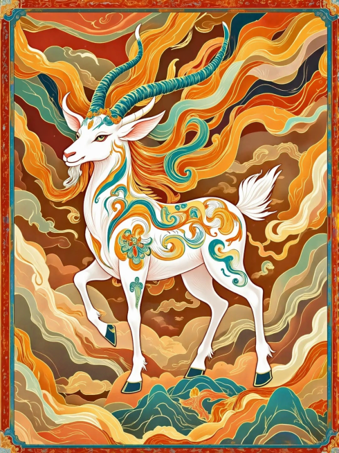 参考原图片的国潮插画风格，重新生成瑞鹿图像，保留整体构图和色彩风格，生成符合打印标准的矢量图风格高清作品，尺寸适配200cm左右输出，移除水印预览效果