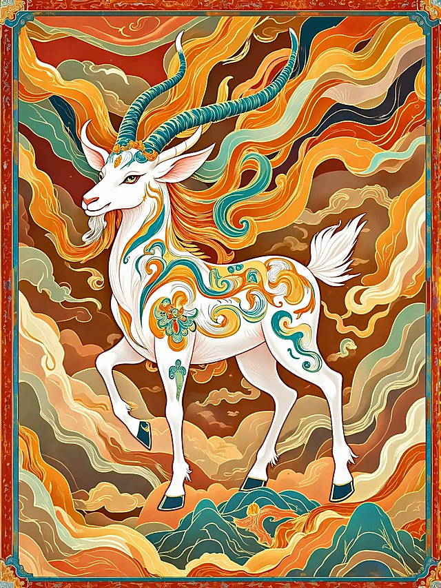 参考原图片的国潮插画风格，重新生成瑞鹿图像，保留整体构图和色彩风格，生成符合打印标准的矢量图风格高清作品，尺寸适配200cm左右输出，移除水印