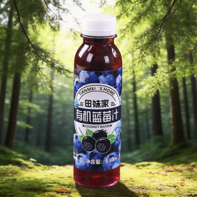 保持主体饮料和文字内容不变，将背景替换为一片宁静的森林边缘，阳光透过茂密的枝叶洒下斑驳光影。地面上铺满了柔软的苔藓和细碎的落叶，呈现出自然的绿色与黄色调。保持原图片的主体内容和布局不变，仅更换背景，保预览效果