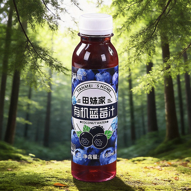 保持主体饮料和文字内容不变，将背景替换为一片宁静的森林边缘，阳光透过茂密的枝叶洒下斑驳光影。地面上铺满了柔软的苔藓和细碎的落叶，呈现出自然的绿色与黄色调。保持原图片的主体内容和布局不变，仅更换背景，保持1:1比例。