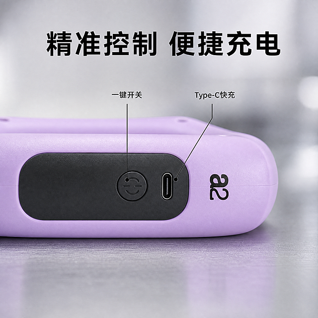 [主图-2] 紫色电动按摩仪核心细节展示主图
[氛围风格] 简约科技质感，细节特写风格
[画质] 微距摄影质感，超高清细节，产品纹理清晰，画面干净高级，超写实渲染
[元素] 特写展示紫色电动按摩仪侧面控制按键与Type-C充电接口区域，保持产品外观（即物理结构、材质质感、颜色）与输入产品图绝对一致，杜绝任何变形和色差，精细化处理。产品放置在浅灰色金属台面，背景做虚化处理突出细节。使用引线分别标注按键和充电接口位置，每个引线对应功能说明文字。商品主体占比70%，画面满屏无边框
[光影] 侧光打亮按键区域，形成清晰明暗对比，突出按键和接口的立体结构，高光勾勒产品边缘轮廓
[配色] 主色调淡紫（产品）+黑（按键区域）+浅灰背景，紫黑对比清晰
[视角构图] 微距平视特写，对焦在按键和接口区域，背景浅景深虚化
[文字版式] 顶部大字主文案"精准控制 便捷充电"，黑色粗体；两根纤细引线分别指向电源按键和充电接口，对应文字标注"一键开关"和"Type-C快充"，文字小巧清晰，放置在引线末端，不遮挡产品细节
[比例分辨率] 1:1比例，2048px*2048px，文字清晰可辨，超高清
[负向提示词] 变形，水印，文字错乱，产品图模糊，背景杂乱，遮挡主体