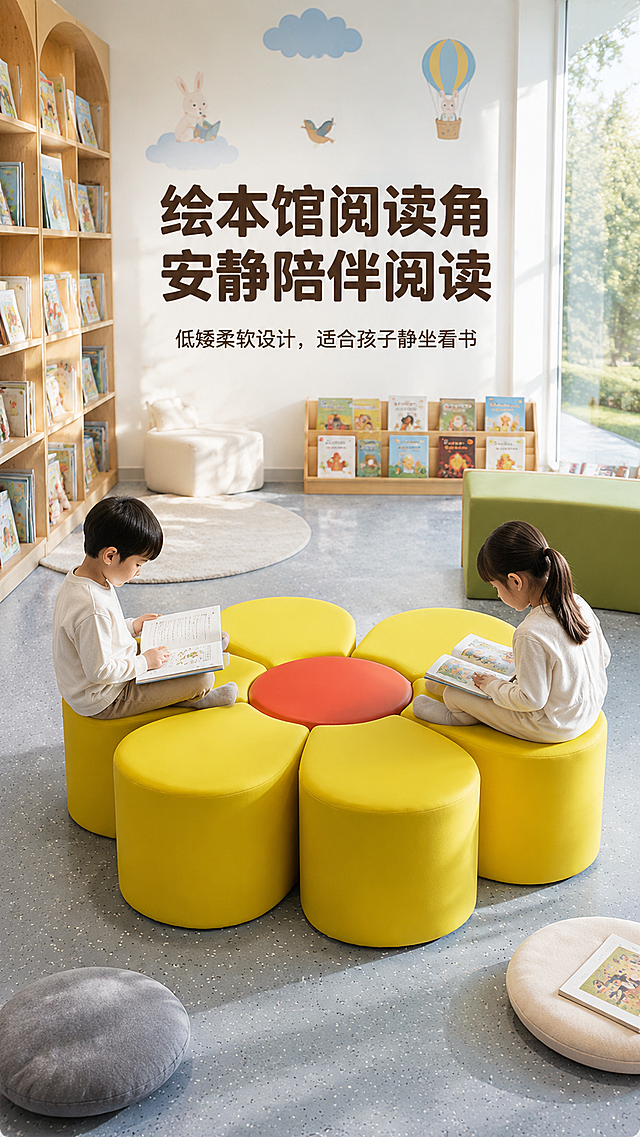 丰富实景构图：花朵凳作为画面核心主体，摆放在绘本馆阅读区中心位置；两个约4-6岁的小孩分别坐在相邻的两个花瓣凳上，身体微微前倾，双手捧着绘本，神情专注认真看书；背景为完整的绘本馆阅读区——纯白墙面+浅灰色地胶地面，墙面有童趣装饰画（动物/天空元素，色彩柔和）；左侧为通顶书架，错落摆满精装绘本；书架旁地面铺有浅色圆形地毯；右侧后方有一扇落地窗，柔和自然光透入；地面散落一两个靠垫，营造真实的阅读氛围；构图饱满丰富，产品处于视觉中心，小孩围绕产品自然入座，画面生动但不杂乱。文案：主文案"绘本馆阅读角 安静陪伴阅读"居中放大，粗黑字体，深棕色；副文案"低矮柔软设计，适合孩子静坐看书"居中在主文案下方，纤细字体，颜色比主文案浅一度；上下居中对齐，版式完全统一。画质：高清8K分辨率，整体色调明亮通透，白平衡偏冷调或中性；自然光从右侧柔和进入，产品皮革色彩鲜亮真实，材质细节清晰可见（海绵饱满感、皮革纹理）；两个小孩的面部表情自然（侧面或低头看书，无需露全脸），孩子服装为素雅浅色系，不抢产品色彩；背景书架做轻度虚化处理，确保主体（产品+孩子）清晰突出；整体画面通透有层次，产品作为核心焦点一眼可见，同时场景丰富真实，传递绘本馆温馨阅读氛围