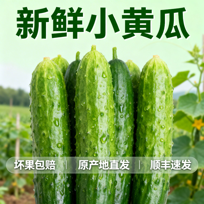 [主图 5] 新鲜小黄瓜服务承诺
[主图主题] 服务承诺打消购买顾虑
[氛围/风格] 简洁清晰，信任背书
[画面元素] 几根完整带露新鲜小黄瓜整齐摆放，背景是自然田园虚化景色，整体清爽干净
[配色色系预览效果