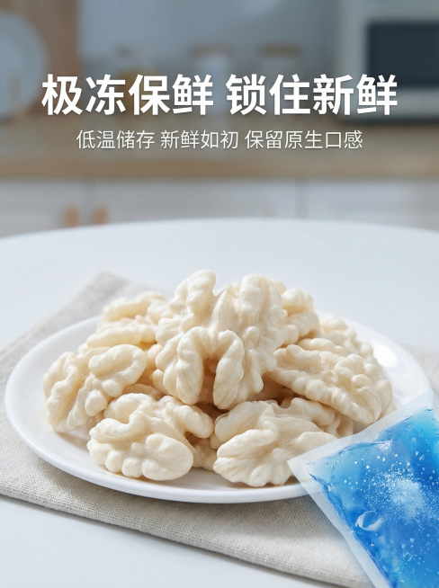 [详情页4 保鲜展示] 极冻锁鲜
[氛围风格] 新鲜低温，干净通透
[画面元素] 商业摄影质感，光线柔和通透。一盘新鲜水润的脱衣核桃仁放置干净桌面上，旁边摆放冰袋，突出新鲜水润的质感，展示极冻保鲜后的预览效果