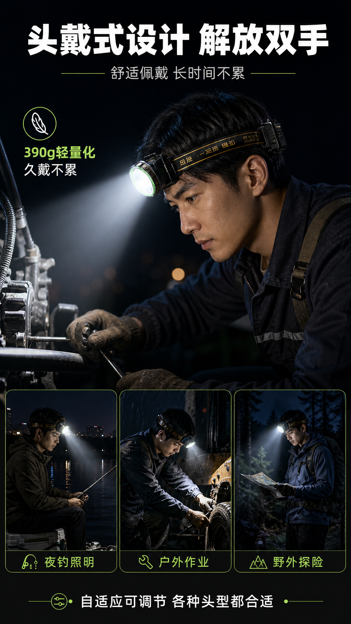 [商品] 使用【图1】LED防水头灯；保留黑色主体、绿色灯圈、… - 图片创意预览