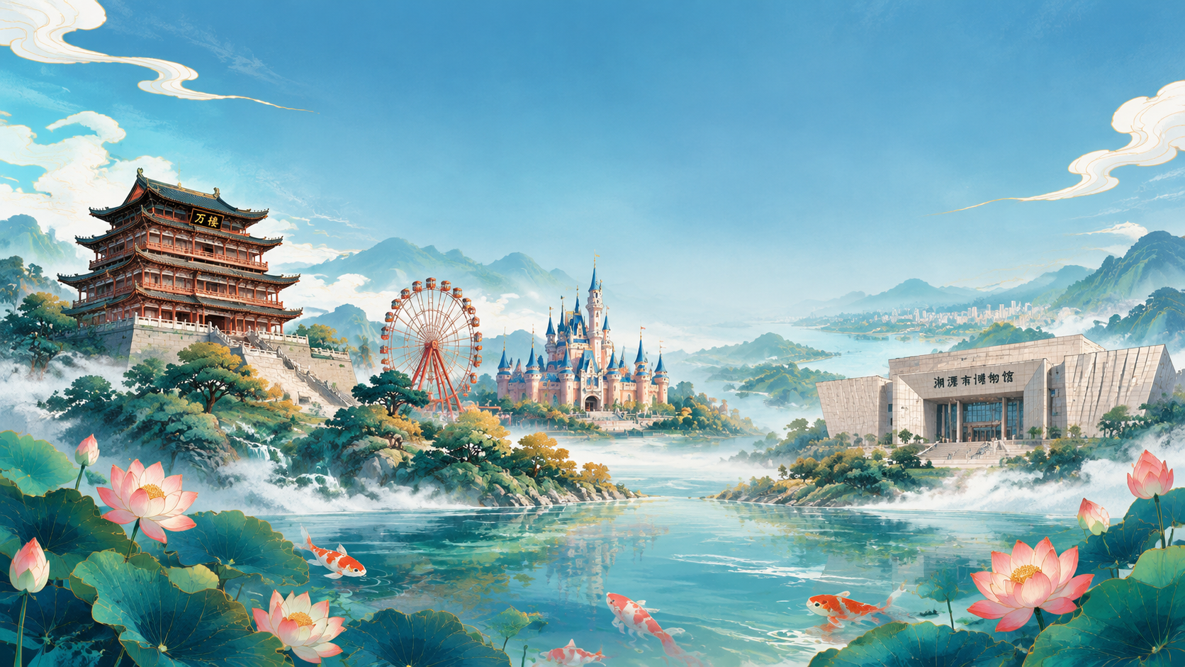 横版国潮风手绘插画，湘潭城市旅游主题，恢弘大气。画面错落有致地… - 图片创意预览